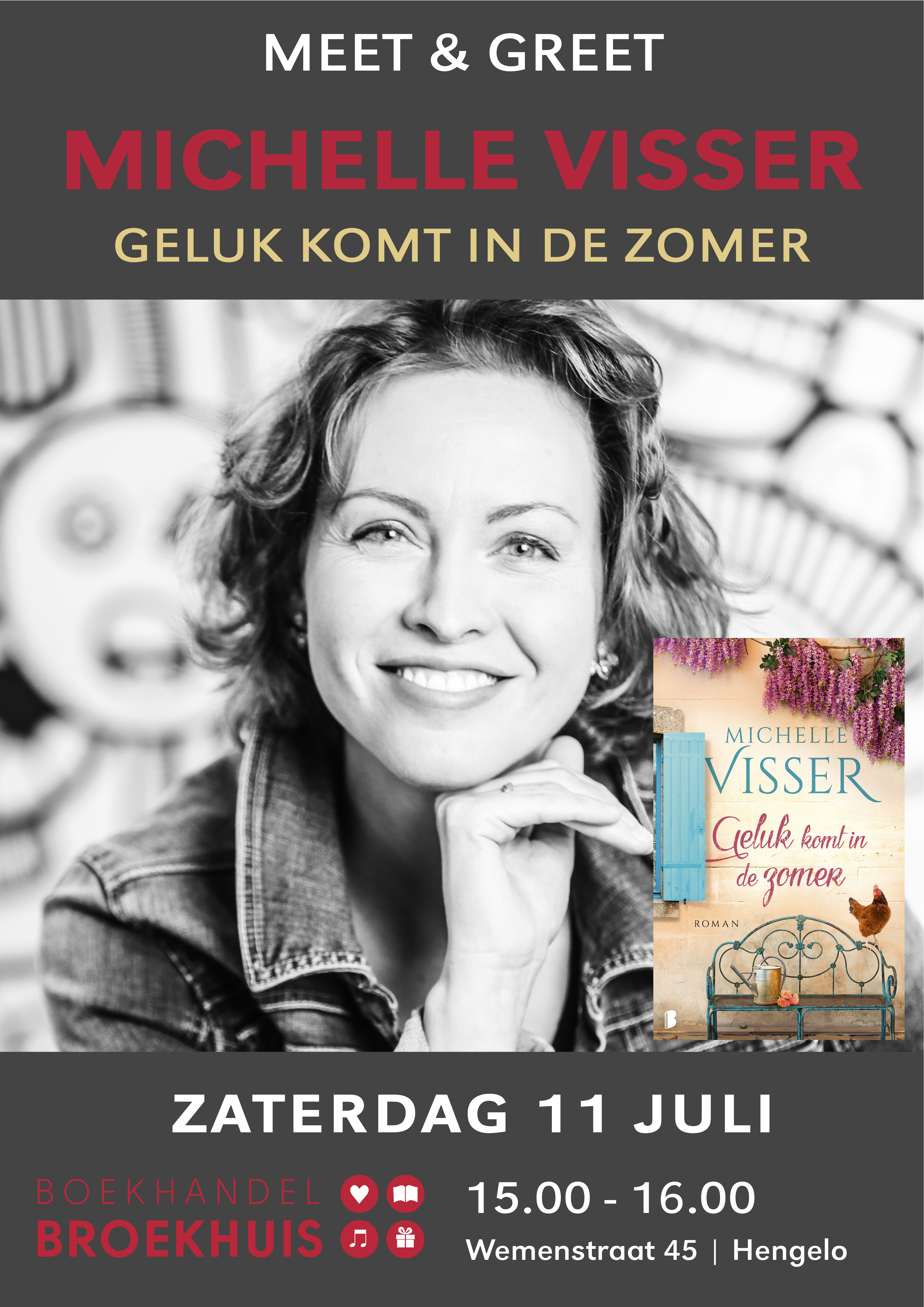MICHELLE VISSER SIGNEERT 'GELUK KOMT IN DE ZOMER' OP 11 JULI IN HENGELO