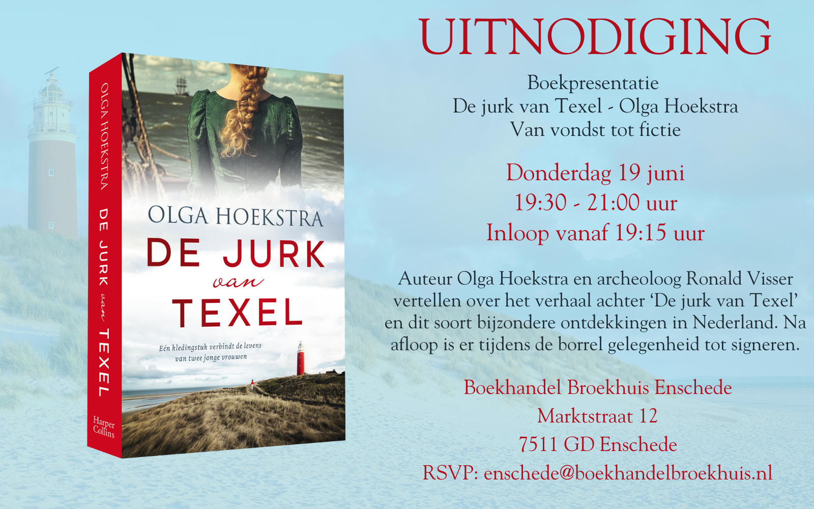 Boekpresentatie ‘De jurk van Texel’ - Olga Hoekstra op 19 juni bij Boekhandel Broekhuis Enschede